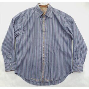 Robert Graham Shirt Men XL Blue Green Red Striped Cotton Flip Cuffs Embroidered